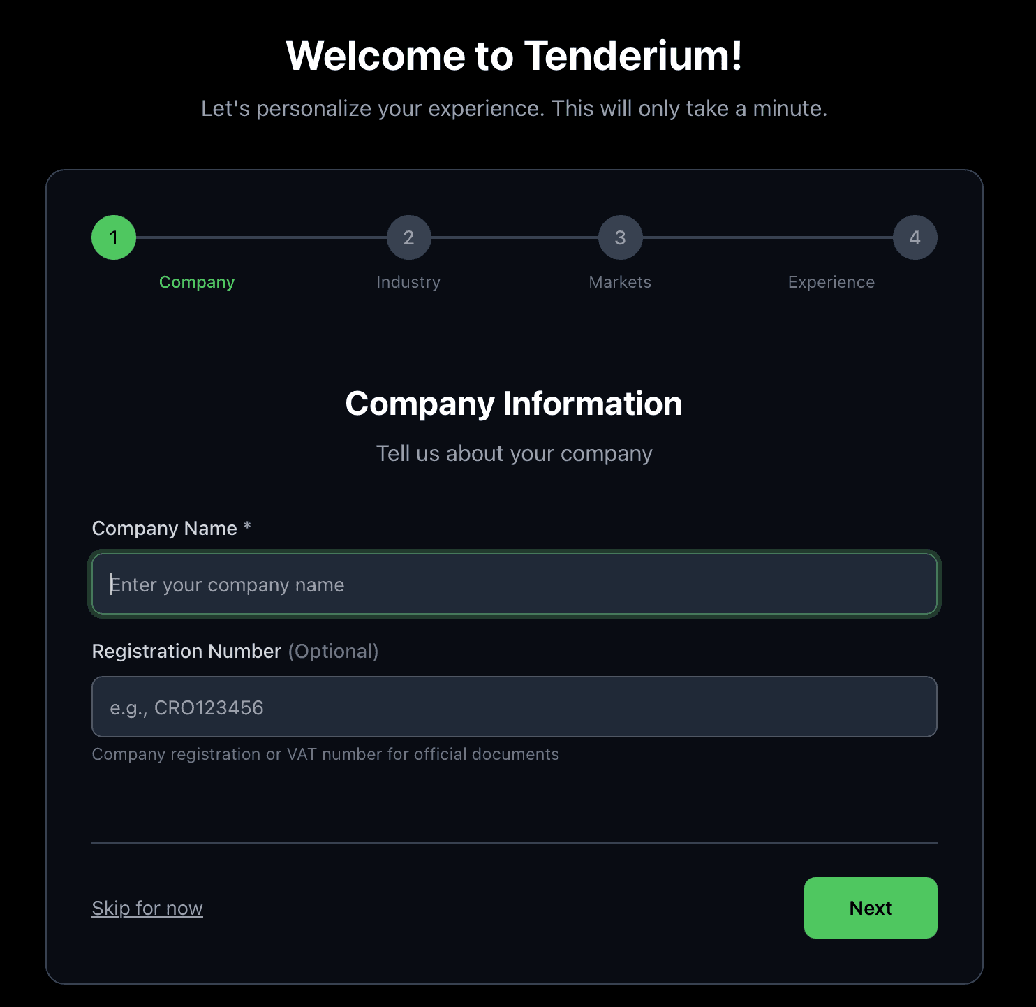 Tenderium registration and onboarding screen for company profile setup