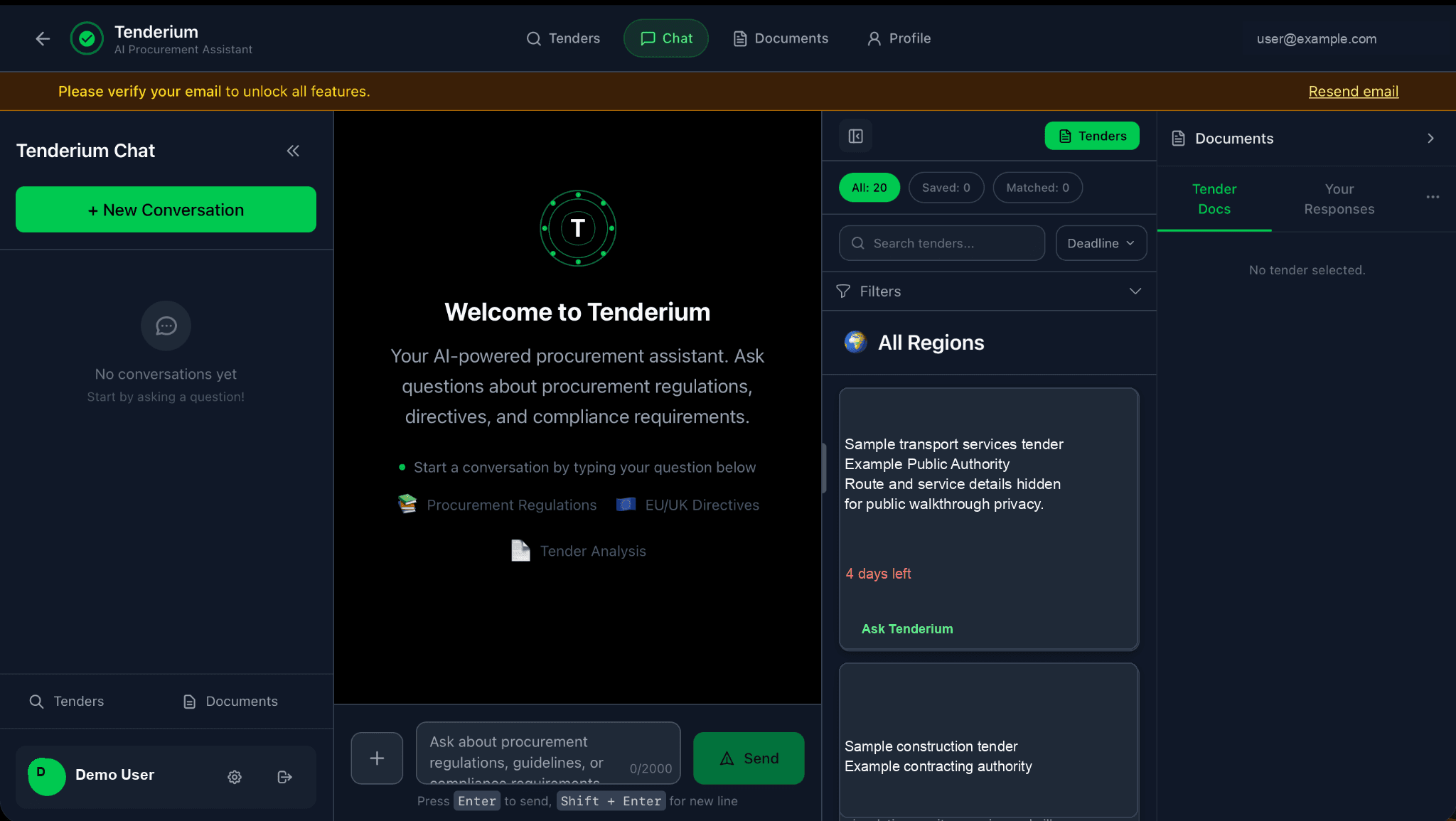 Tenderium personal account showing chat, tender list, and document area