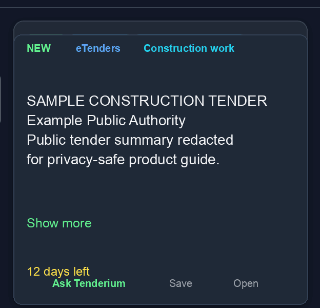 Tender card showing Ask Tenderium, Save, and Open actions