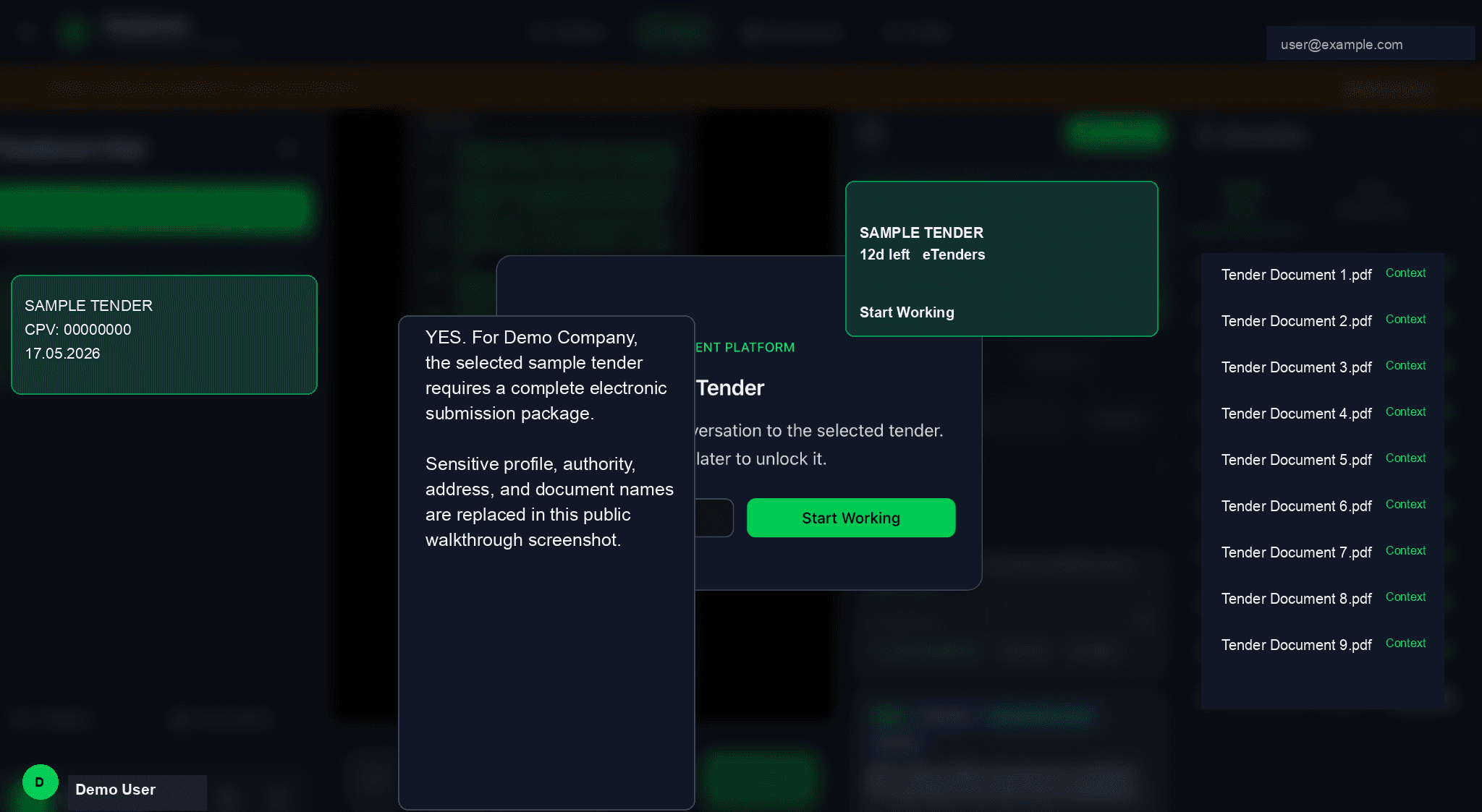 Start working modal for a selected tender