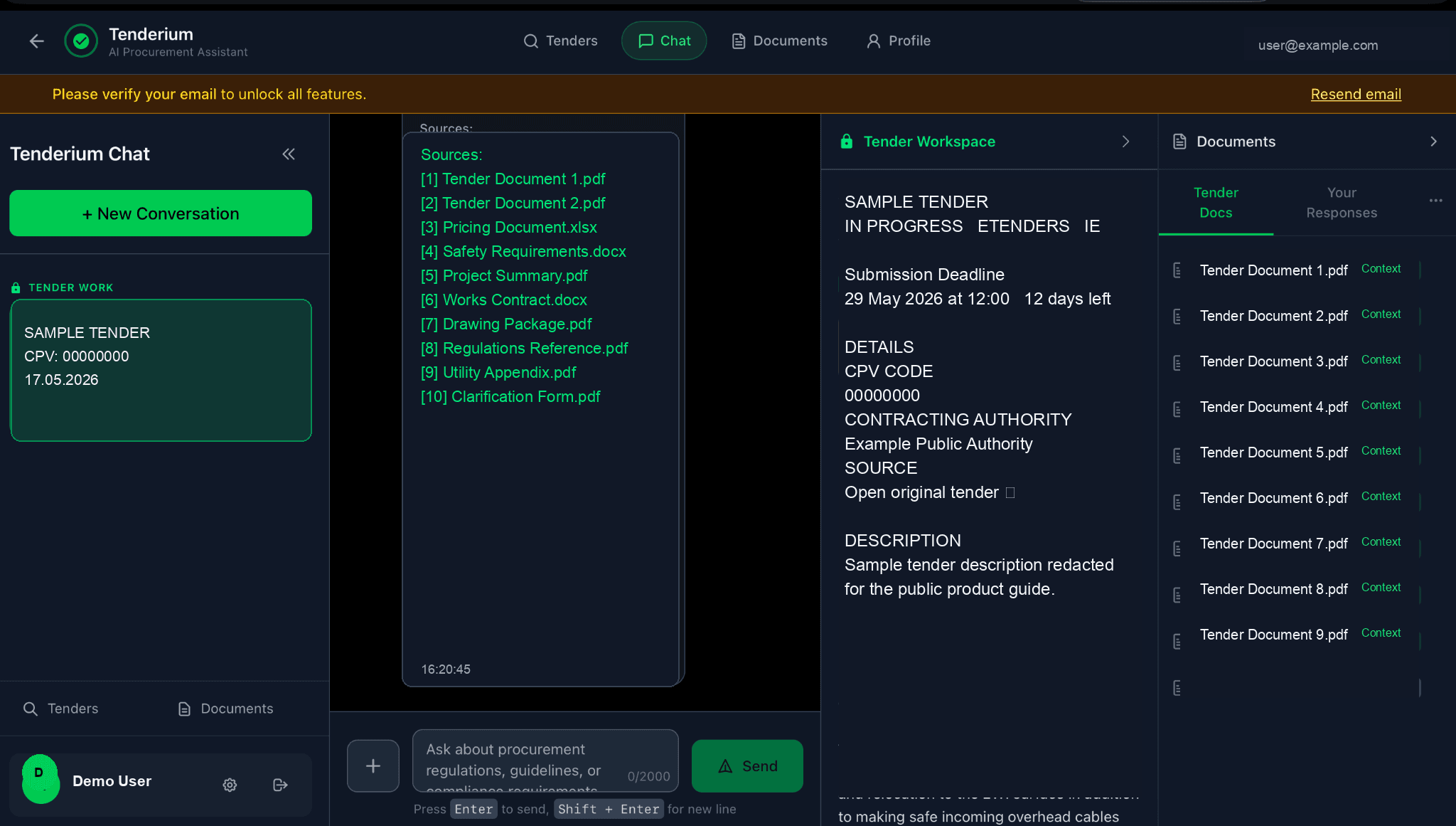 Active tender workspace with extracted context and document list