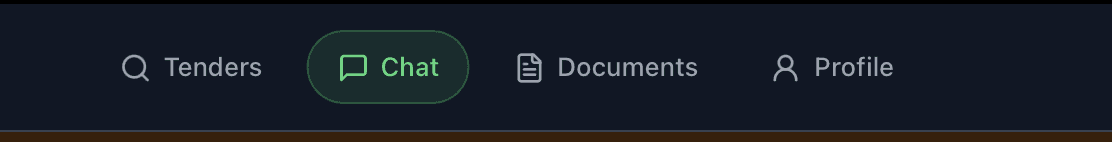 Main account navigation for Tenders, Chat, Documents, and Profile