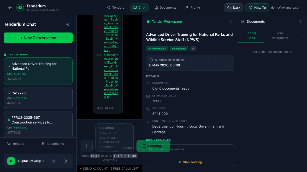 TenderiumChat answer shown in sectioned blocks with a Sources list